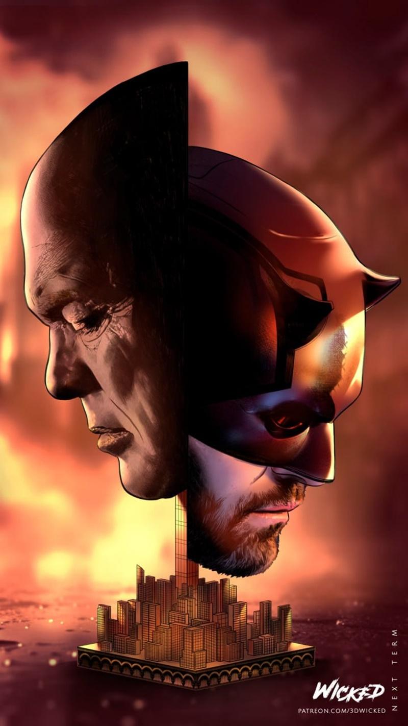 Portrait bust of Kingpin and Daredevil, merged profiles, atop a miniature cityscape, dramatic lighting, by Wicked stu...