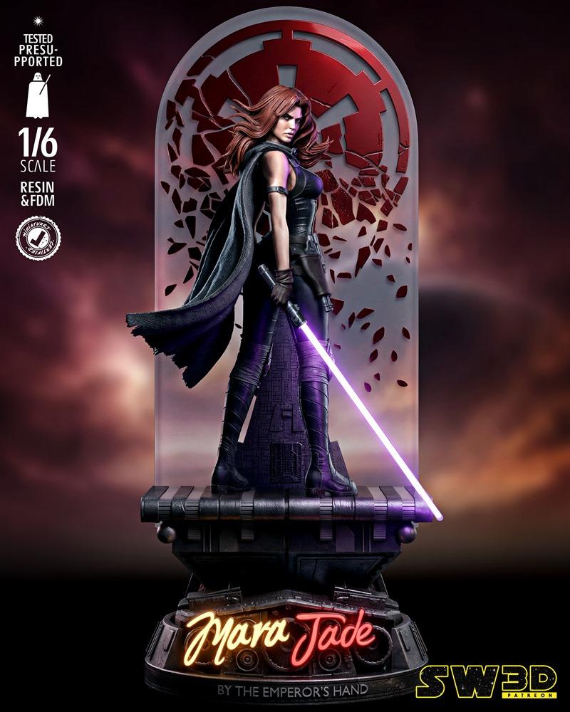 Mara Jade sculpture with purple lightsaber, wearing dark outfit and cape, standing on a detailed base with Imperial i...