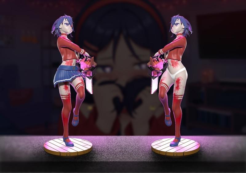 3D model of Mita-Miside from Chainsaw Man, wearing a red jacket, blue skirt, and red stockings, holding a pink chains...