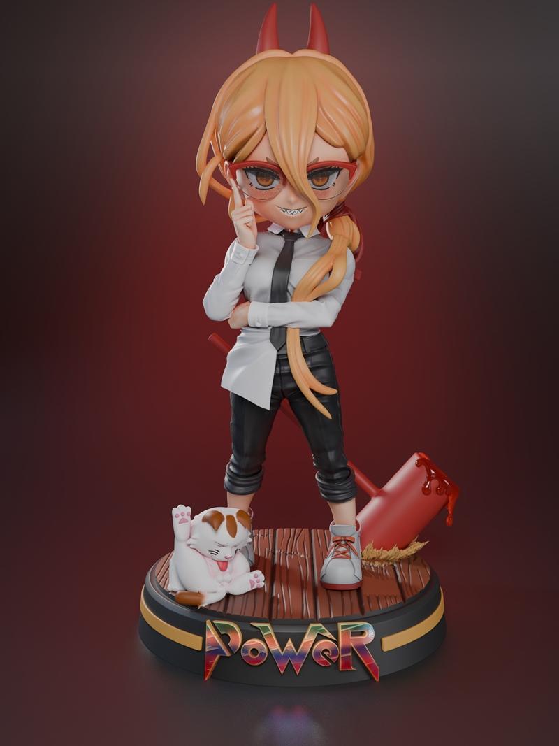 Chibi Power from Chainsaw Man 3D model, wearing glasses and a white shirt, with a hammer and cat on the base.