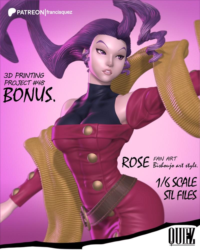 Francis Quez 1/6 scale 3D print model of Rose from Street Fighter, depicted in a Bishoujo art style with flowing purp...