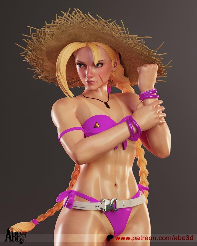 Cammy from Street Fighter 6 in a purple bikini and straw hat, detailed muscular physique, blonde braid, scar on cheek...