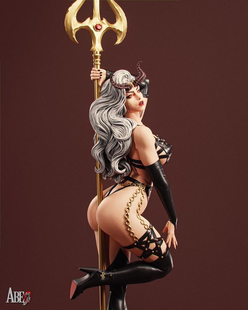 Satana Hellstrom 3D model figure, wearing revealing black leather outfit with gold chains, holding a golden trident,...