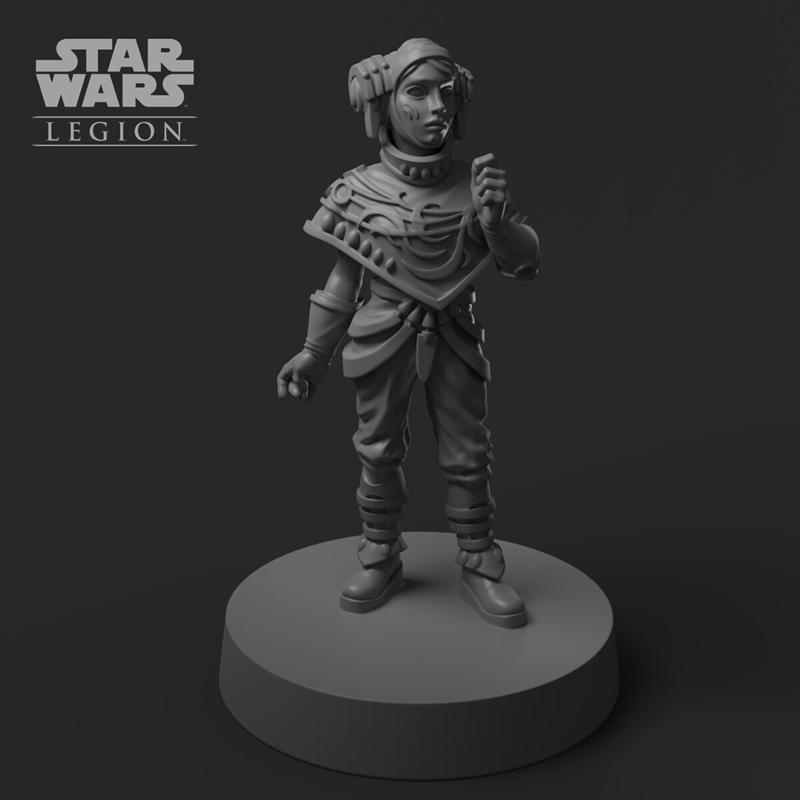 3D model of Riyo Chuchi from Star Wars, standing on a base. She wears ornate armor and layered clothing, with Twi'lek...