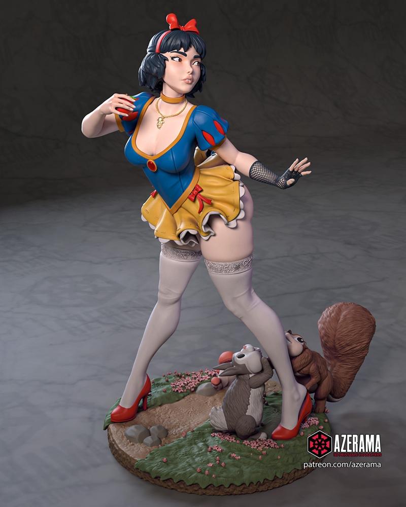 Stylized Snow White figure in a revealing blue and yellow dress, white thigh-high stockings, and red heels, holding a...