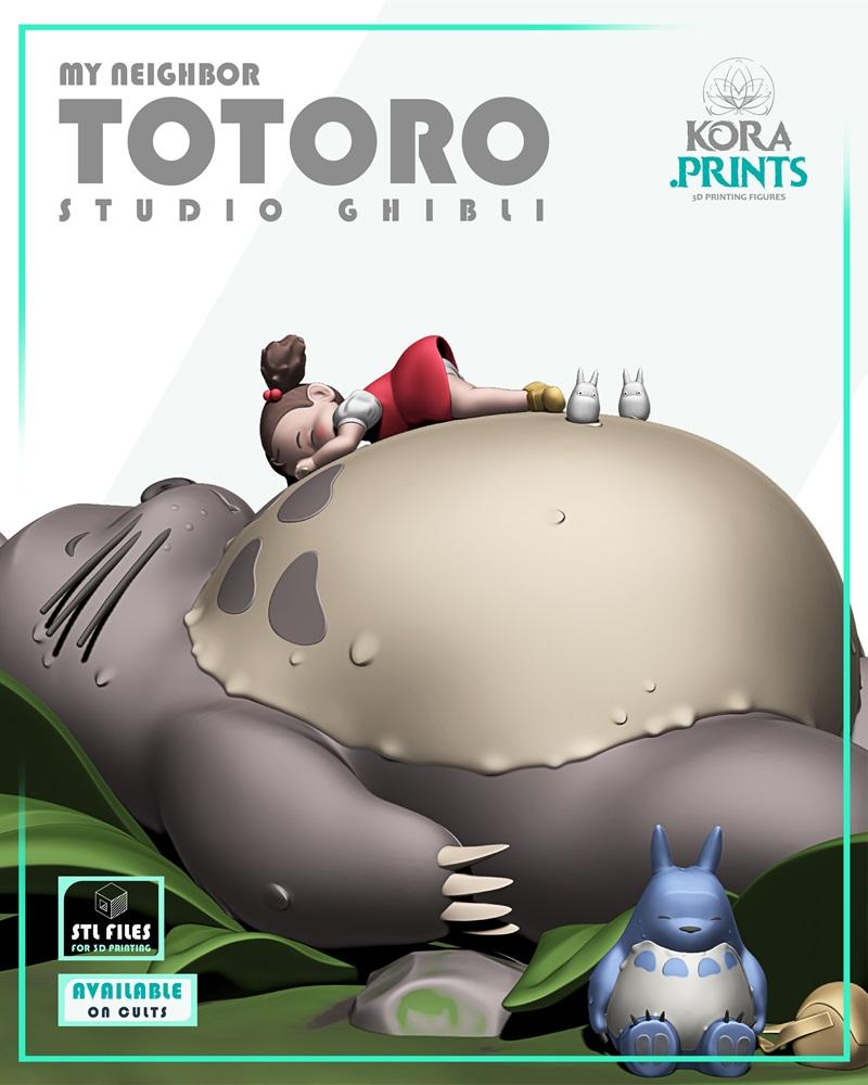 3D model of Totoro and Mei from My Neighbor Totoro, with Mei sleeping on Totoro's belly and smaller Totoros nearby. A...
