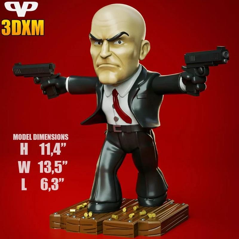 Chibi Agent 47 from Hitman, a 3D printable figure by 3DXM, holding two pistols in an action pose on a base with bulle...