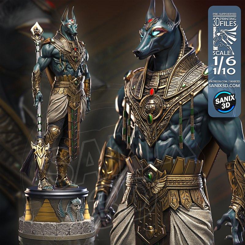 Anubis figure with jackal head, ornate gold armor, kilt, and staff, standing on a detailed Egyptian-themed base. Scal...