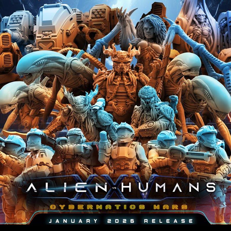 Collection of 3D printable sci-fi miniatures: Xenomorphs and cybernetic human marines in combat poses, with futuristi...