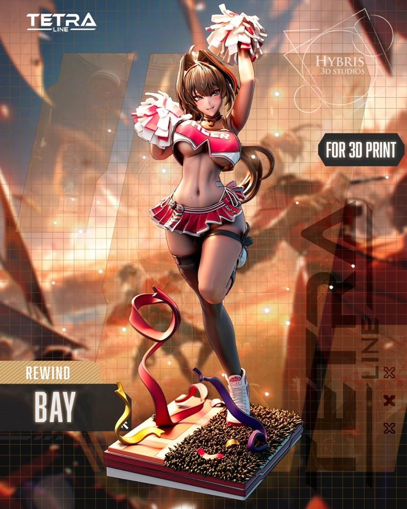 Hybris Studios Nikke Bay 3D model figure in cheerleader outfit with pom-poms, dynamic pose on a detailed base.