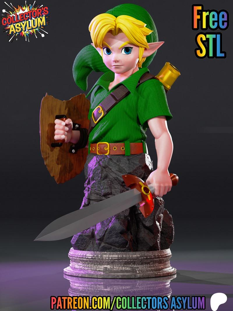 Young Link bust 3D model, holding sword and shield, wearing green tunic and hat, blonde hair, pointed ears.