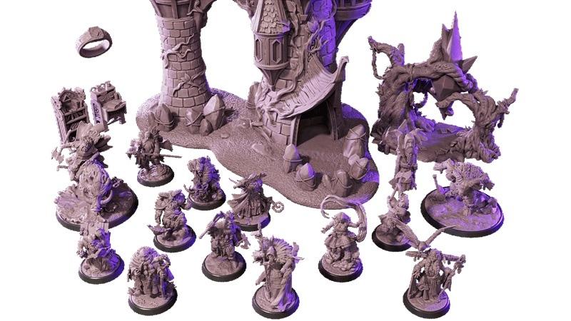 Collection of fantasy miniatures and terrain pieces from Loot Studios, including a tower, forest structure, and vario...