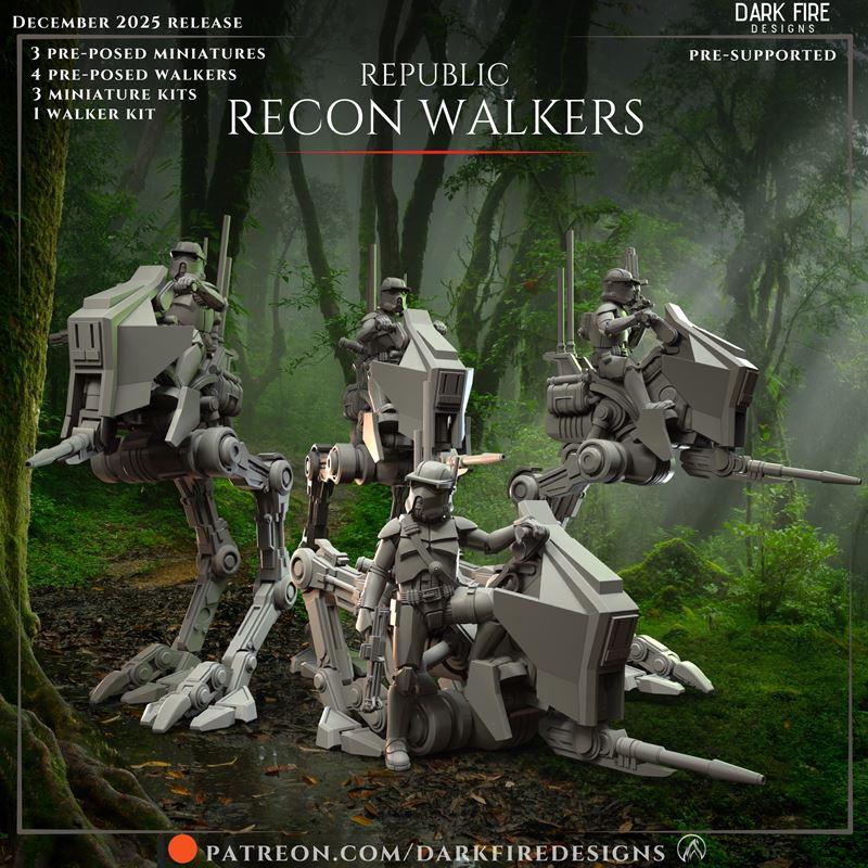 Collection of pre-posed 3D printable Republic Recon Walkers and miniatures from Dark Fire Designs, set against a lush...