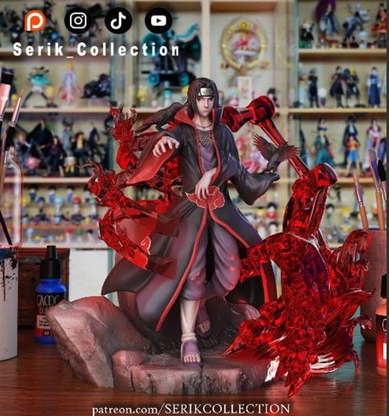 3D model figure of Itachi Uchiha from Naruto, wearing Akatsuki robe and headband, surrounded by red demonic energy an...