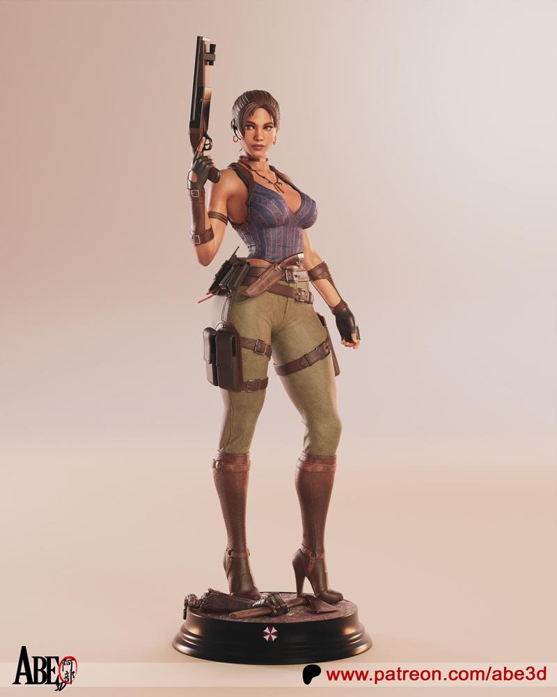 Sheva Alomar 3D model by Abe3D, holding a shotgun, wearing a blue corset, tactical pants, and boots, standing on a de...