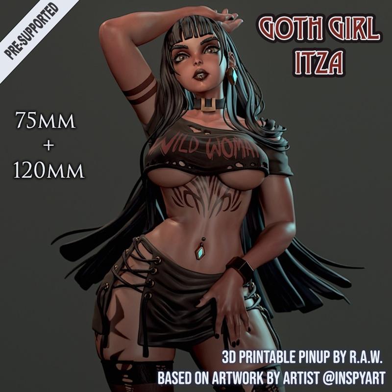 Goth Girl Itza 3D printable figure by Ronin Arts Workshop, wearing a "Wild Woman" crop top and a laced skir...