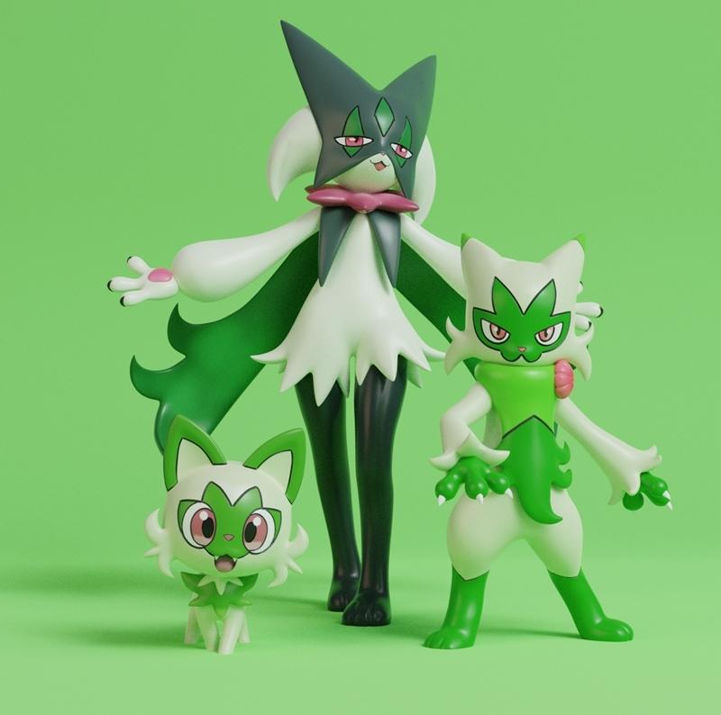 3D printed figures of Sprigatito, Floragato, and Meowscarada from Pokemon, posed against a green background. Sprigati...
