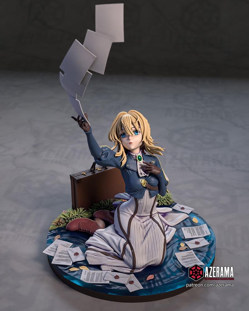 3D printable figure of Violet Evergarden from the anime, sitting amidst scattered letters with a suitcase nearby, hol...