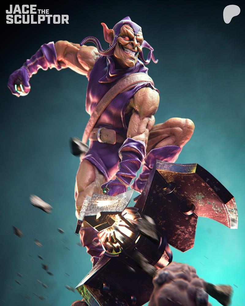 3D model of Green Goblin in mid-air on his glider, wearing purple costume, with debris flying.