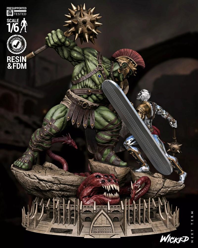 Planet Hulk gladiator figure wielding a spiked mace, battling a metallic warrior with a shield and mace, surrounded b...