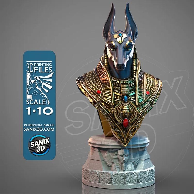 3D printable bust of Anubis, the Egyptian god, with a jackal head, wearing ornate gold armor with red and blue gems,...