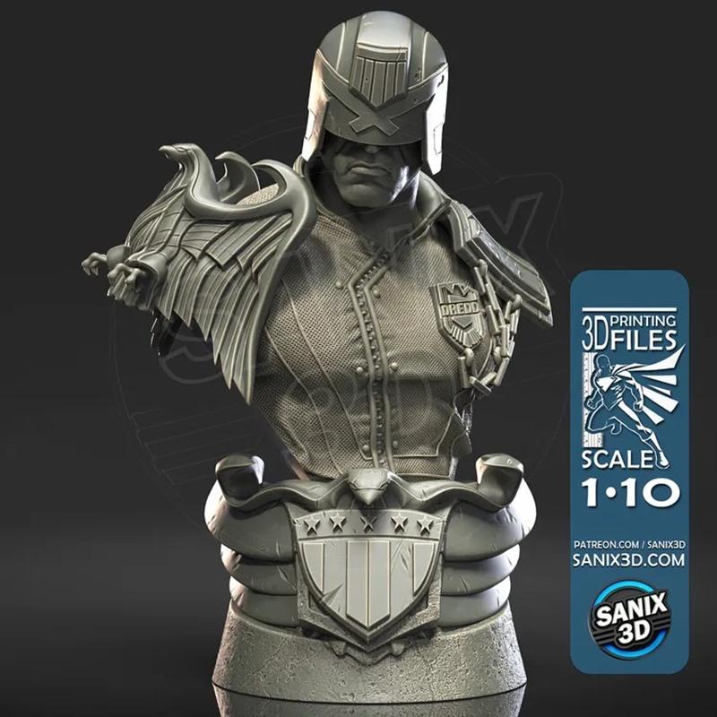 3D printable bust of Judge Dredd, wearing his helmet and armor with the 'Dredd' badge. Scale 1:10.