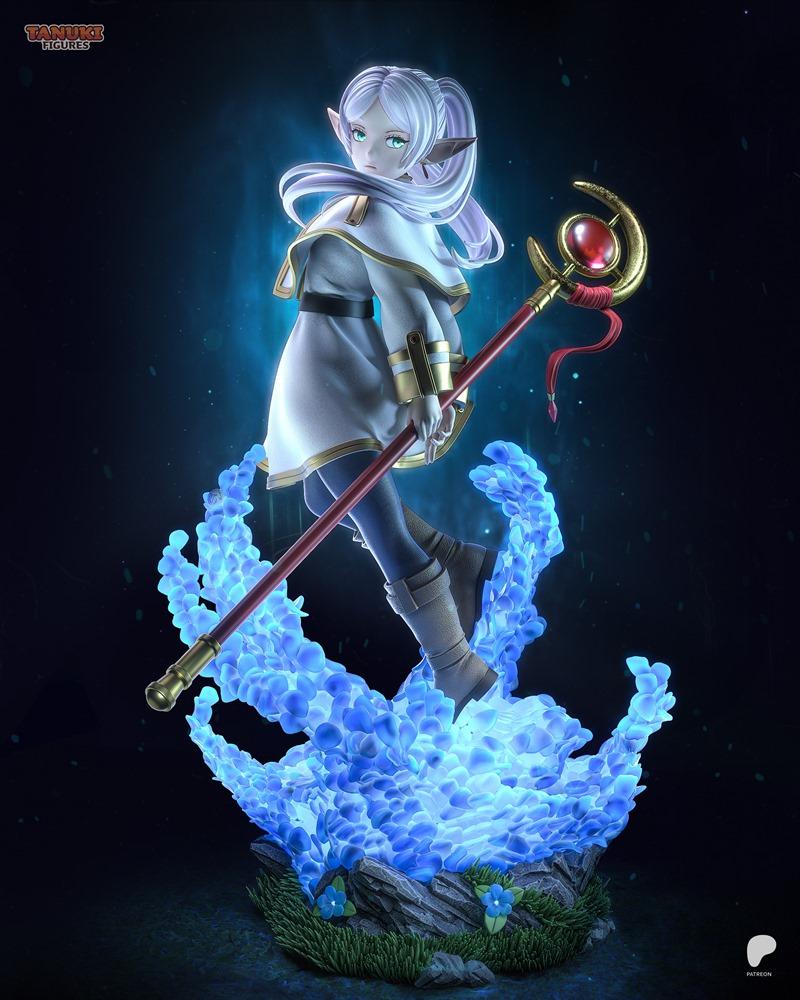 Frieren, the elf mage from Frieren: Beyond Journey's End, stands dynamically amidst swirling blue magical energy, hol...