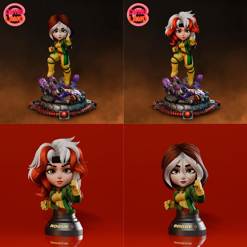 Chibi Rogue figure on a detailed mechanical base and Rogue bust, both with classic green and yellow costume. Two hair...