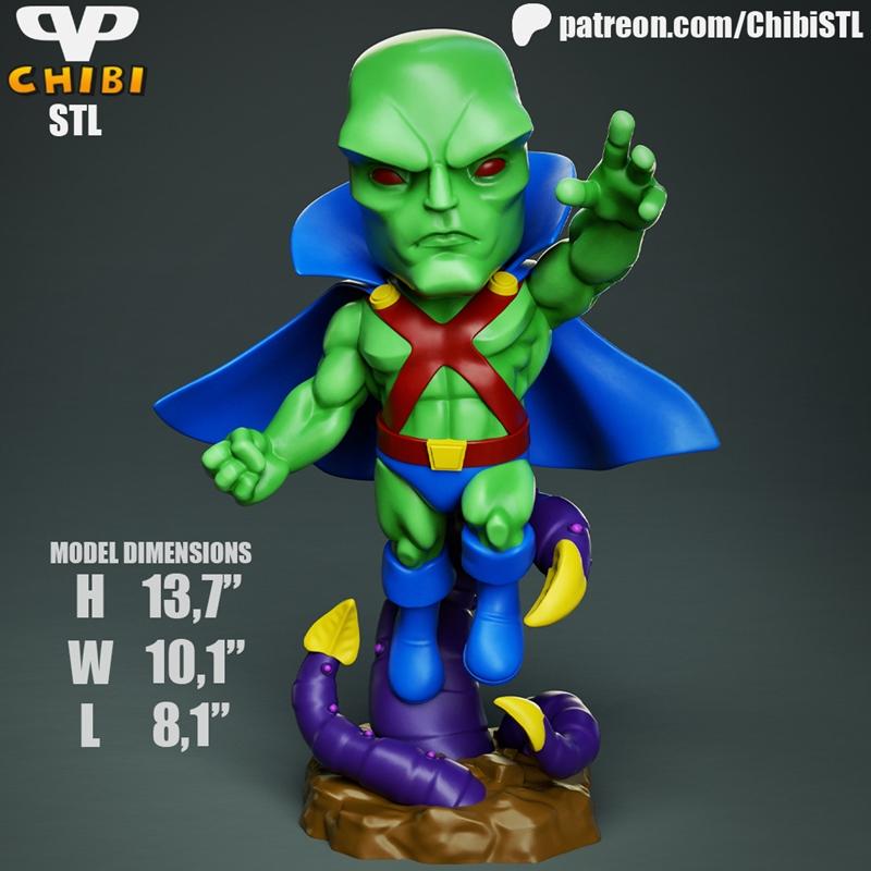 Chibi Martian Manhunter 3D model, green-skinned superhero with red chest emblem and blue cape, posed heroically on a...
