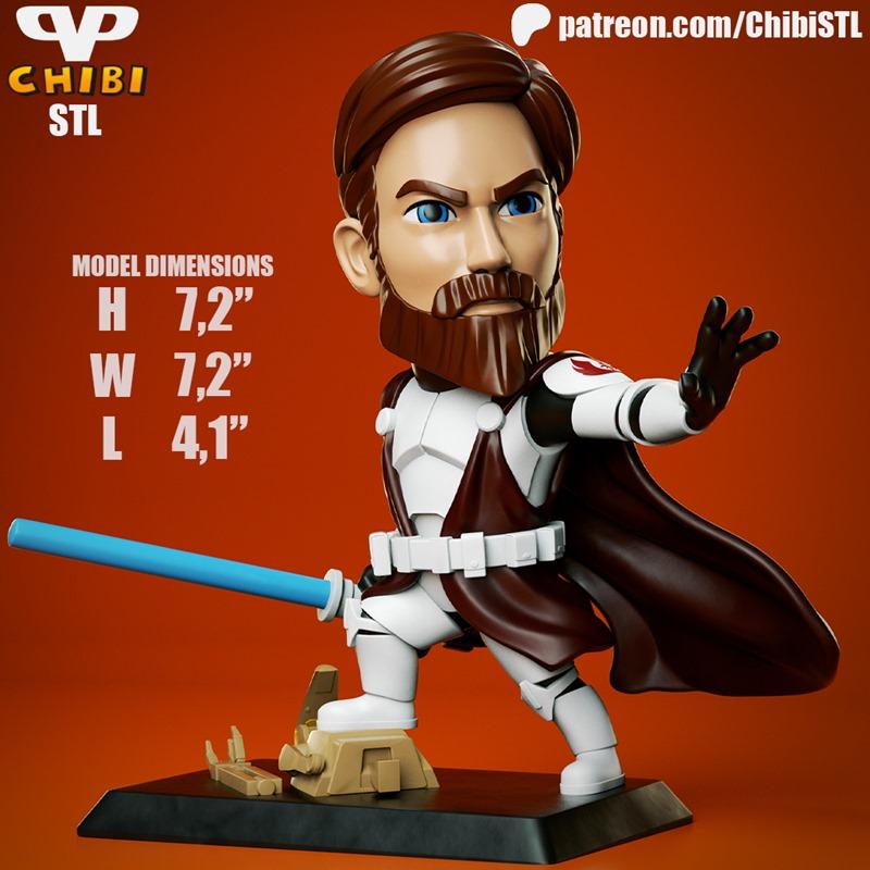 Chibi 3D model of General Kenobi from Star Wars, wearing white clone trooper armor, brown cape, and holding a blue li...