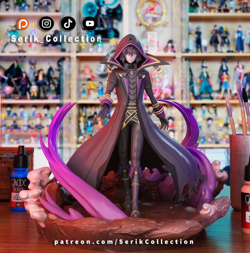 3D model figure of Cid Kagenou from The Eminence in Shadow, wearing a dark hooded cloak with purple accents, standing...