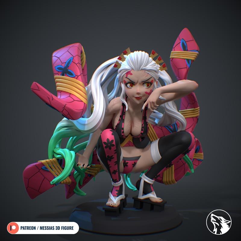 Daki crouching figure from Demon Slayer, with white hair, red eyes, and a revealing pink and black outfit, surrounded...