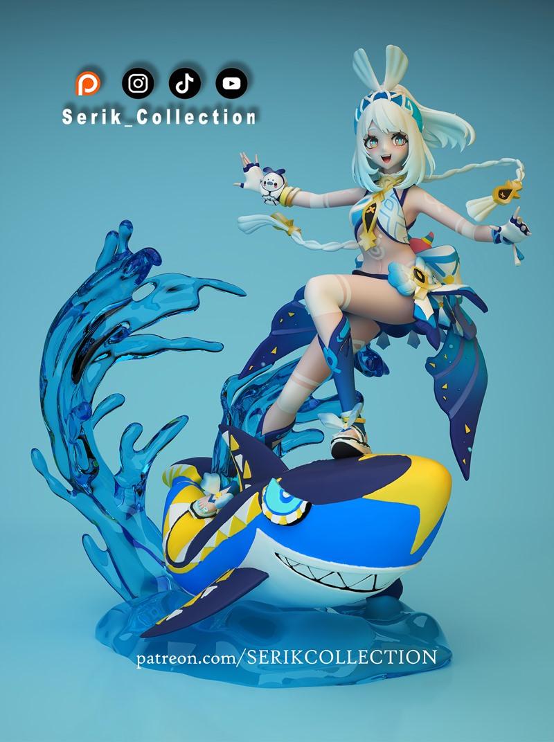 Serik Collection 3D model of Genshin Impact character Mualani, posed on a shark with blue water effects. Mualani has...