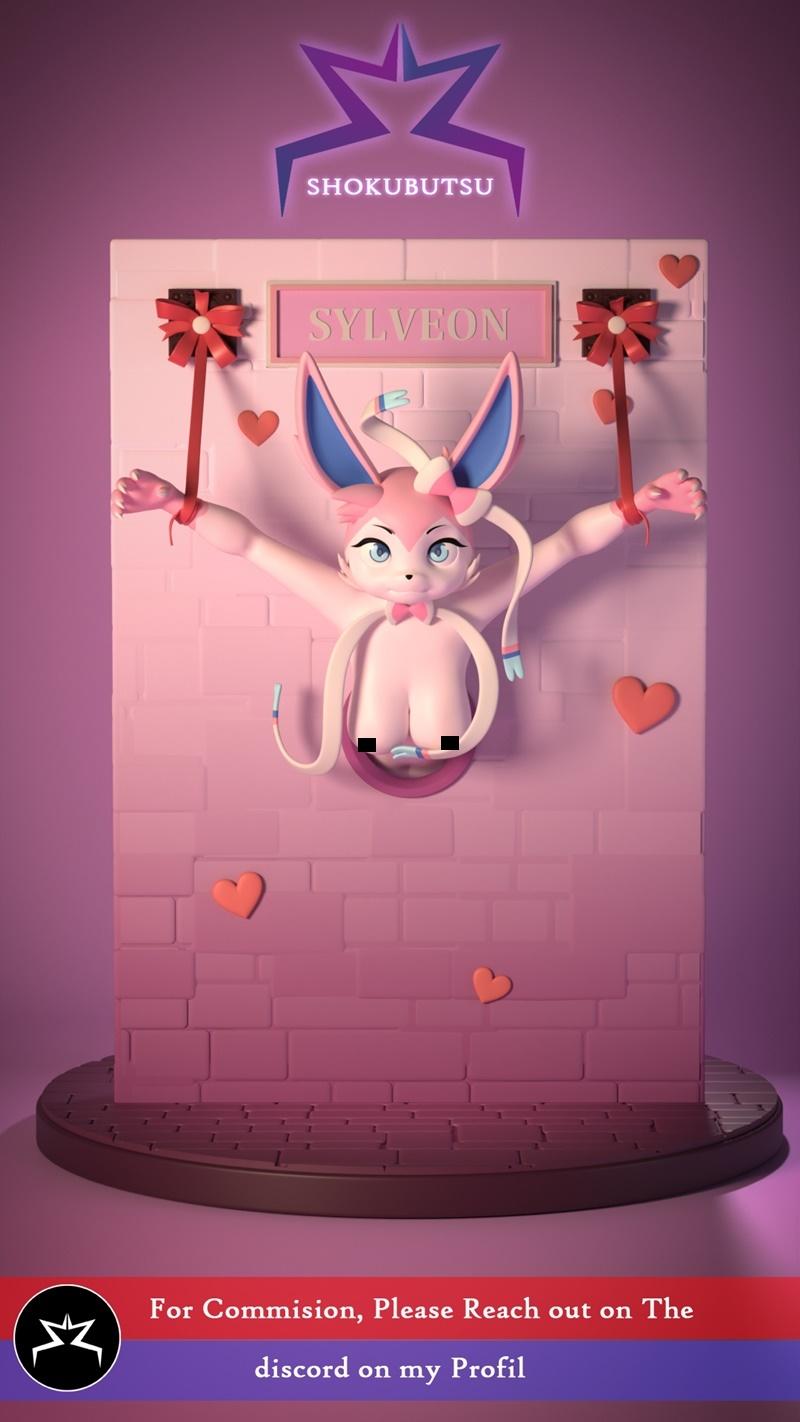 Stylized 3D model of Sylveon from Pokémon, pink with blue accents, bound by red ribbons against a pink brick wall wit...