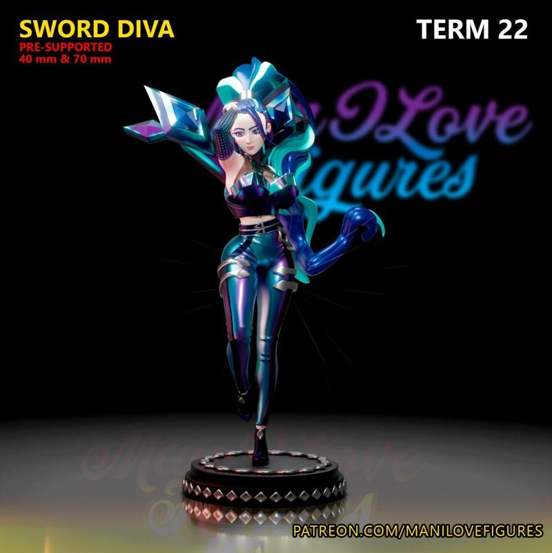 3D model of Kai'sa from League of Legends in a dynamic pose, wearing a futuristic iridescent outfit with teal and pur...