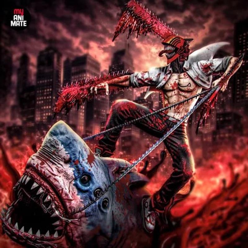 Denji from Chainsaw Man riding a bloody shark, wielding chainsaw weapons, with a dark cityscape behind him. MyAnimate...