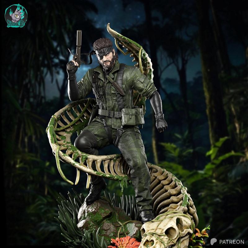 Naked Snake in camouflage fatigues crouched on a large skeletal structure in a jungle setting, holding a pistol.