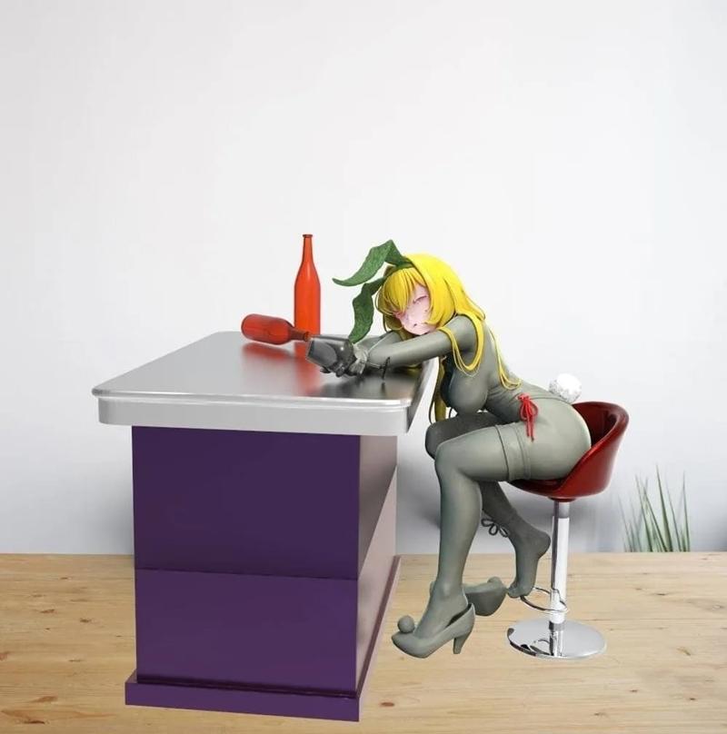 Anime-style figure of a blonde woman with bunny ears slumped over a bar counter, wearing a grey bodysuit and stocking...