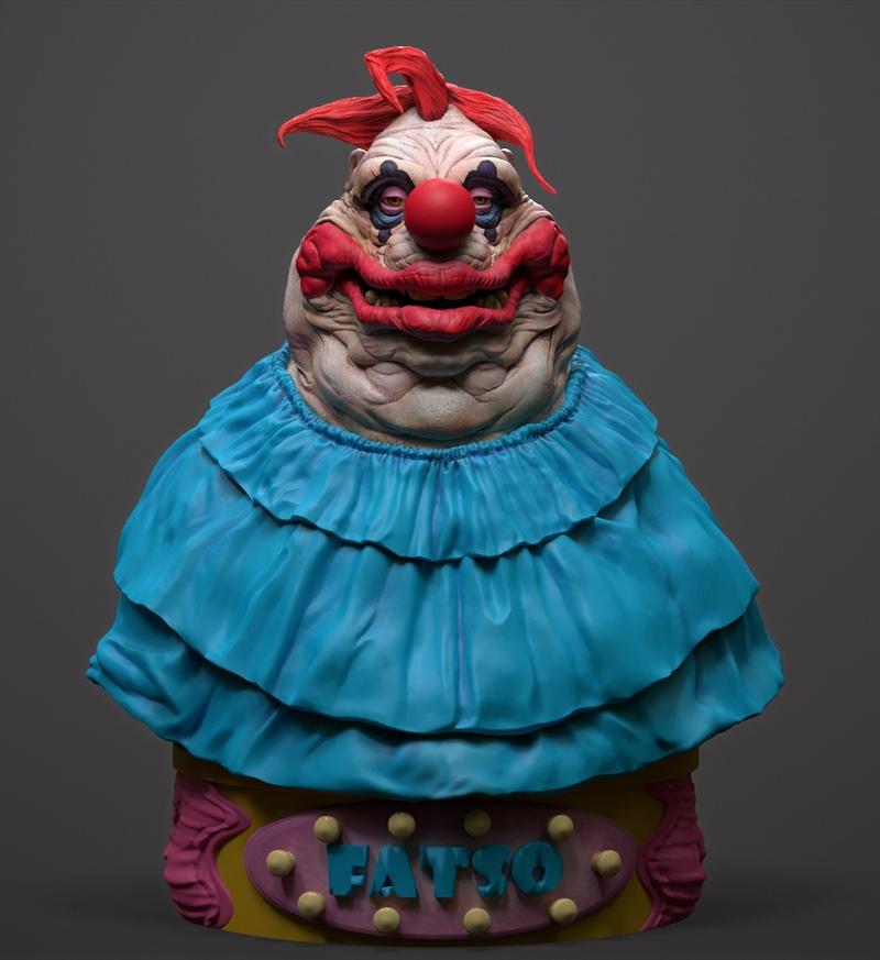 Bust of Fatso the Killer Klown from Outer Space, featuring a red nose, clown makeup, wrinkled skin, and a blue ruffle...