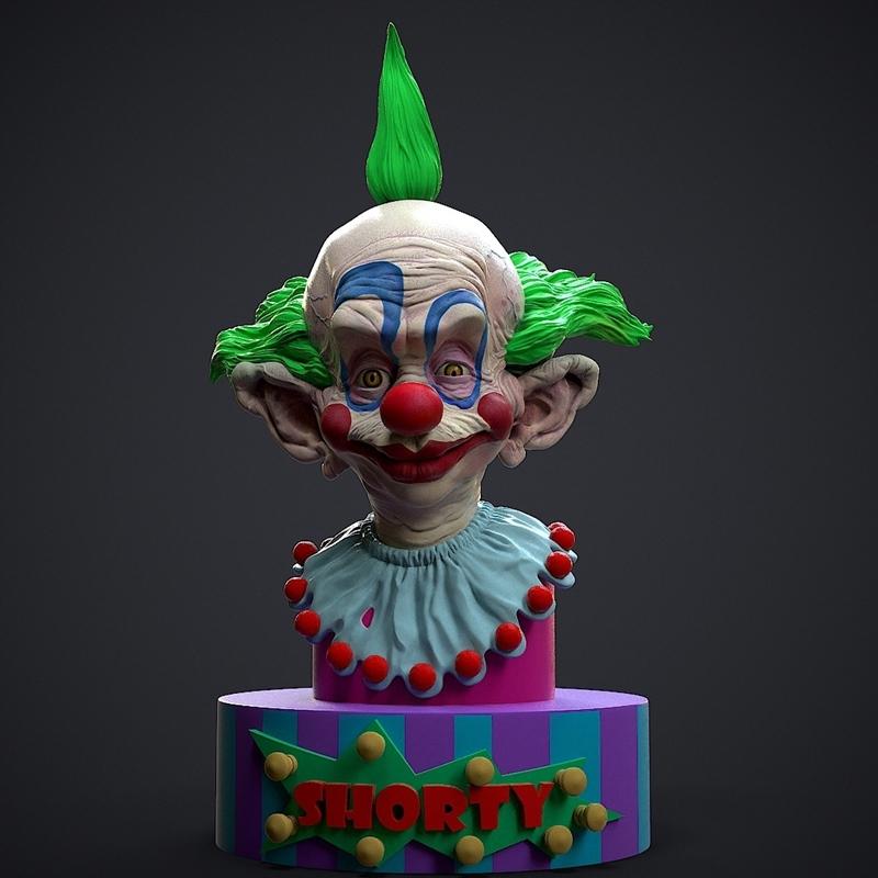 3D printable bust of Shorty the Killer Klown, featuring green hair, clown makeup, and a large grin, displayed on a co...