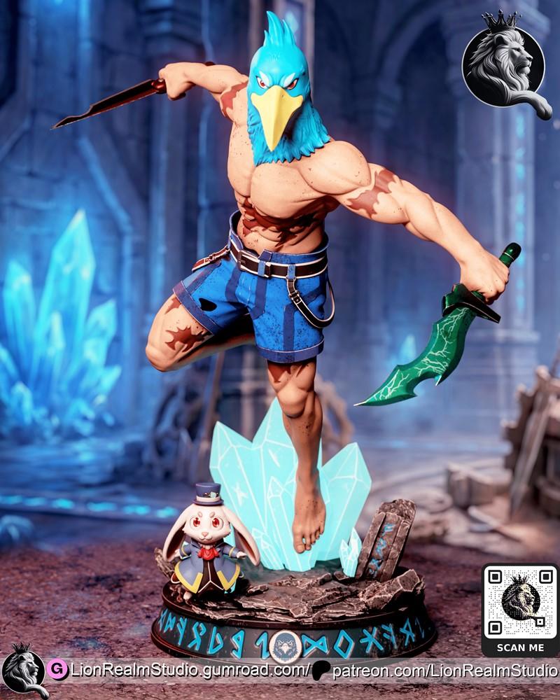 Sunraku from Shangri-La Frontier, a muscular character with a blue bird mask, wearing blue shorts and wielding two sw...