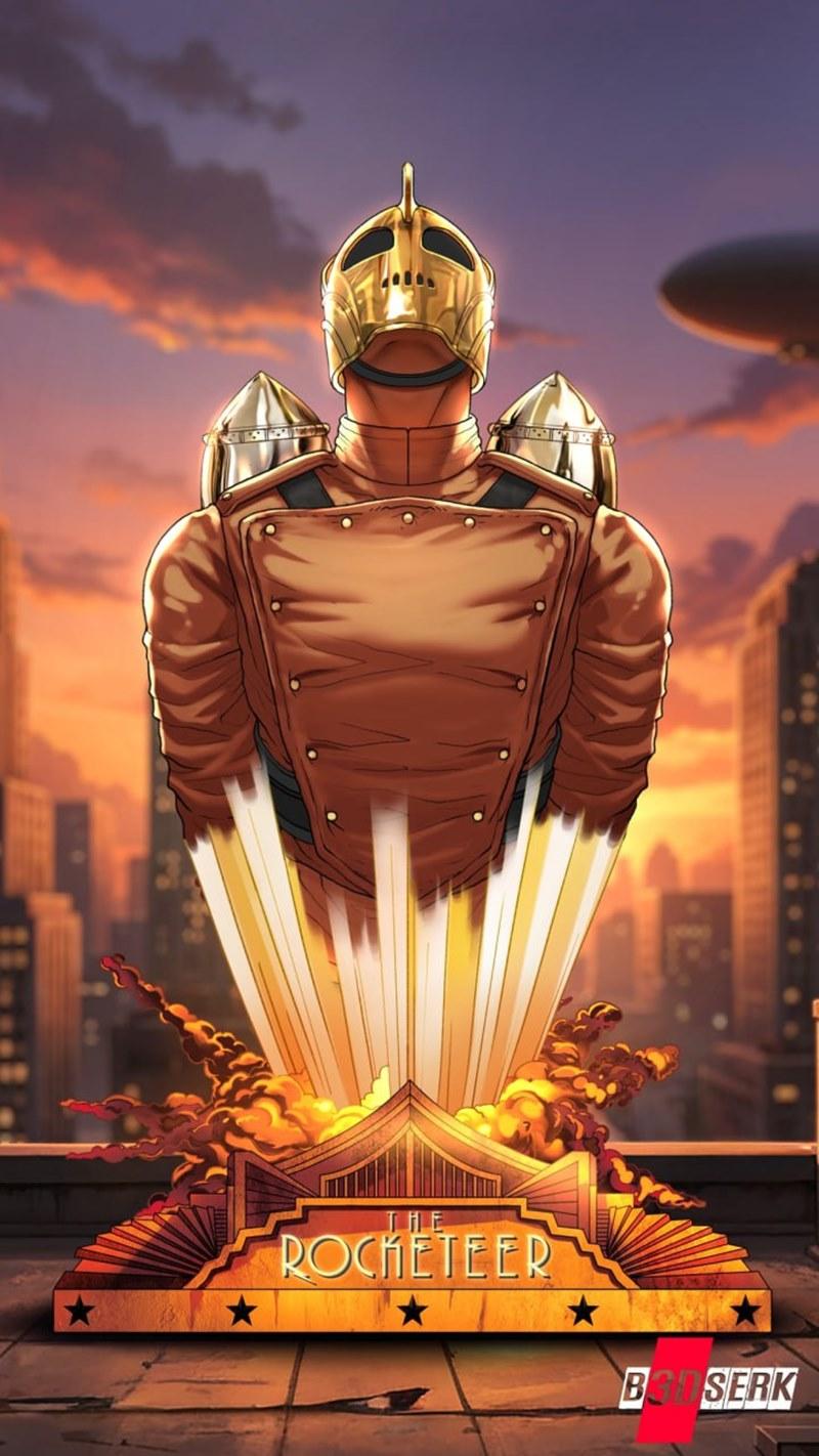 3D print bust of The Rocketeer in golden helmet and brown jacket, with jetpack firing, on an Art Deco base with citys...
