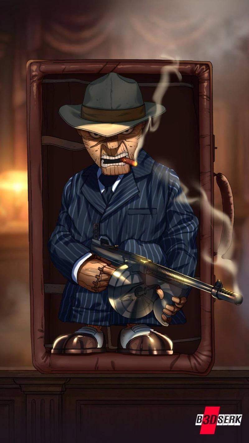 Stylized gangster bust with fedora, pinstripe suit, cigar, and Tommy gun, holding weapon. B3dserk logo visible.