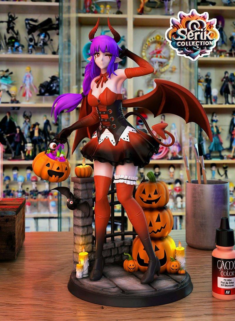 Esil Halloween 3D model figure with purple hair, red horns, and bat wings, holding a jack-o'-lantern bucket. Dressed...