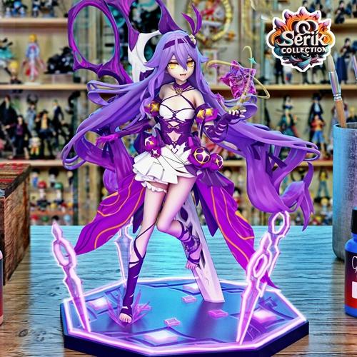 Serik Collection Sirin 3D model figure, purple hair, yellow eyes, gothic outfit, glowing sword, dynamic pose on hexag...