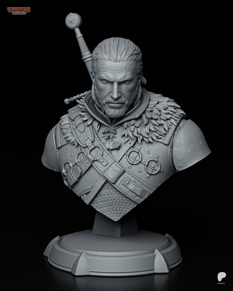Bust of Geralt of Rivia from The Witcher, featuring scars, beard, fur-lined armor, and sword hilt. Model by Tanuki Fi...