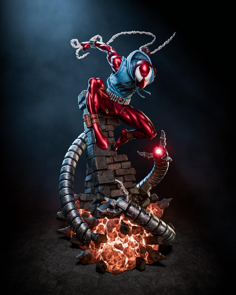 Scarlet Spider in a dynamic action pose, leaping with web-shooters active, wearing a red suit and blue hoodie, on a b...