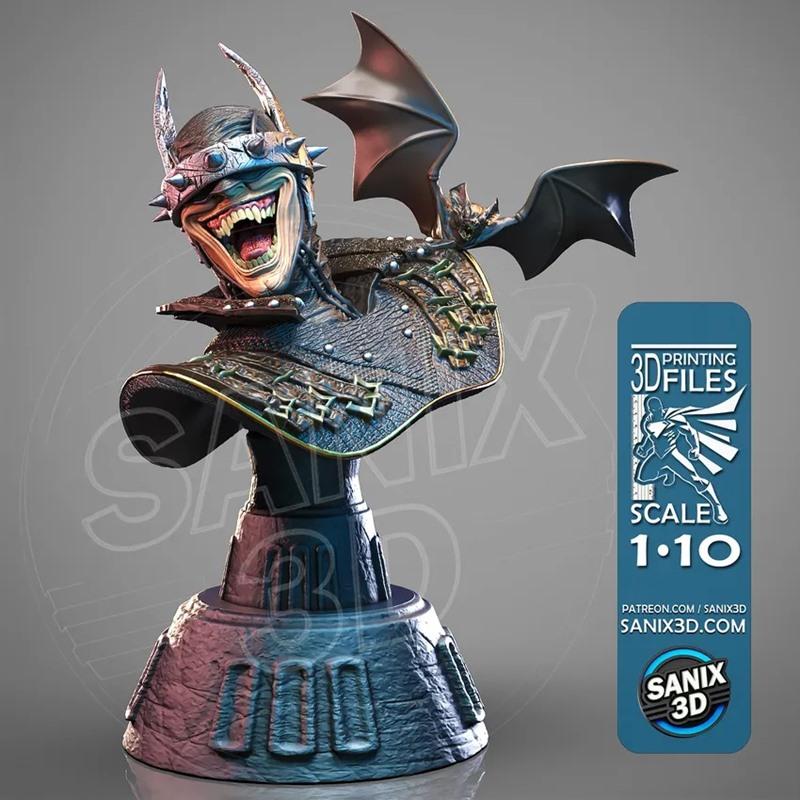 Sanix 3D printable bust of the Laughing Bat character, wearing spiked armor and a menacing grin, with bat wings on it...