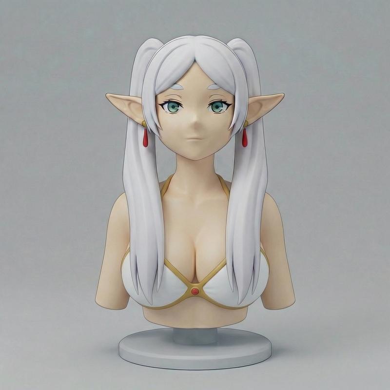 3D printable bust of Frieren from Frieren: Beyond Journey's End, wearing a white bikini with gold trim, long white ha...