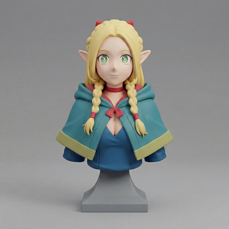 Bust of Marcille from Ranking of Kings, featuring blonde braided hair, green eyes, pointed ears, and a blue hooded cl...